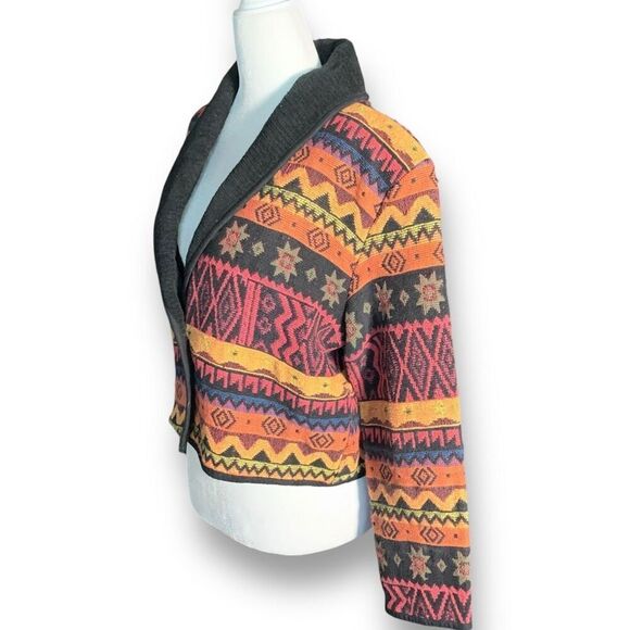 Vintage Blazer Jacket Southwestern Aztec Print Boxy Cropped Black Shawl Collar - Picture 2 of 11